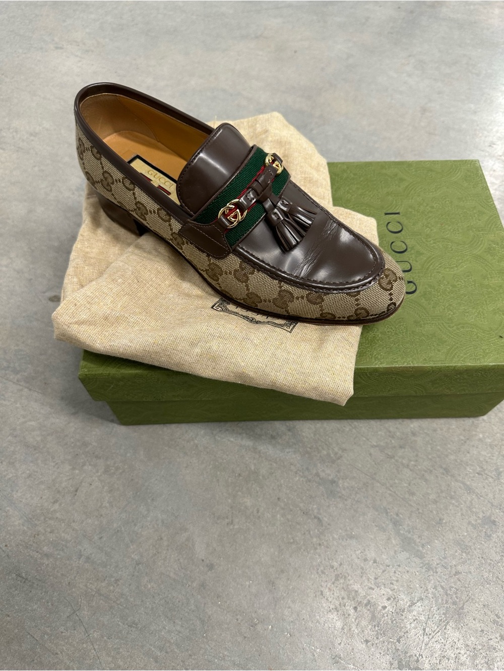 Gucci Brown Leather & GG Canvas Tassel Loafers with Green-Red Web
